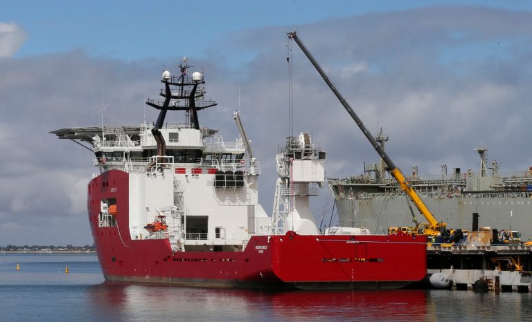 FILE - In this March 30, 2014 file photo, Australian navy ship Ocean Shield lies docked at naval base HMAS Stirling while being fitted with a towed pinger locator to aid in her roll in the search for missing Malaysia Airlines Flight MH370 in Perth, Australia. A U.S. Navy spokesman on Thursday, May 29, 2014 dismissed as 