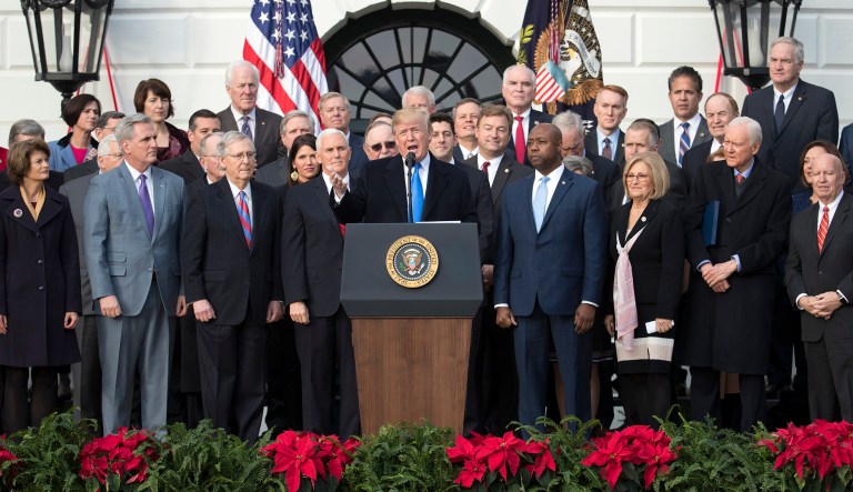 President Trump joined by congressional members during an event at the White House to acknowledge the final passage of tax overhaul legislation by Congress. (AP Photo/Carolyn Kaster)