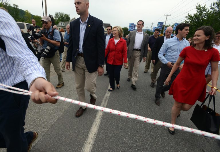 Democratic presidental candidate Hillary Clinton marches in the Gorham fourth of July parade July 4, 2015 in Gorham, New Hampshire. Clinton is on a two day swing through the first in the nation primary state over the fourth of July holiday.(Photo by Darren McCollester/Getty Images)