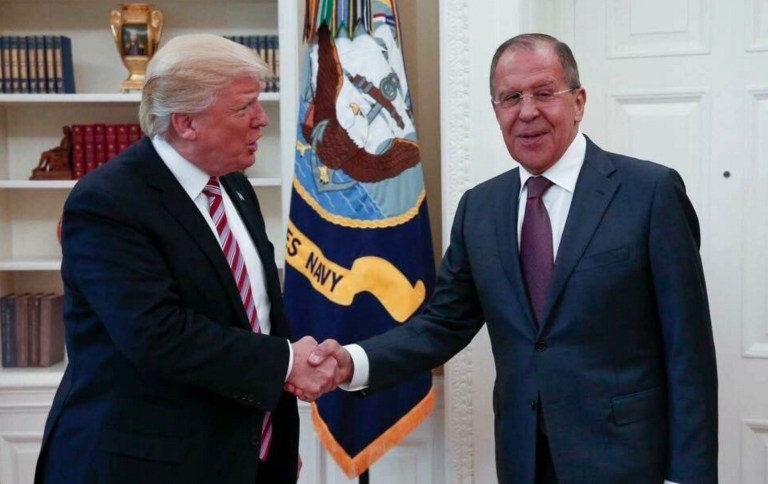 The Twitter account of the Russian Ministry of Foreign Affairs posted a photo of Trump shaking hands with Foreign Minister Sergey Lavrov. The account of the Russian embassy posted a photo of Trump with Ambassador Sergei Kislyak. (Russian Foreign Ministry)