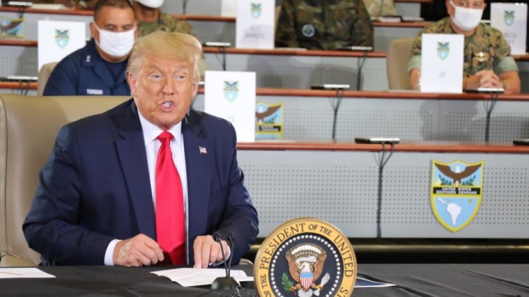 President Donald J. Trump speaks during a briefing at U.S. Southern Command headquarters in Doral, Florida. The President visited SOUTHCOM to take part in a briefing with cabinet members, SOUTHCOM leaders and subject matter experts to get an update on the progress of enhanced counter narcotics operations in Latin America and the Caribbean. 