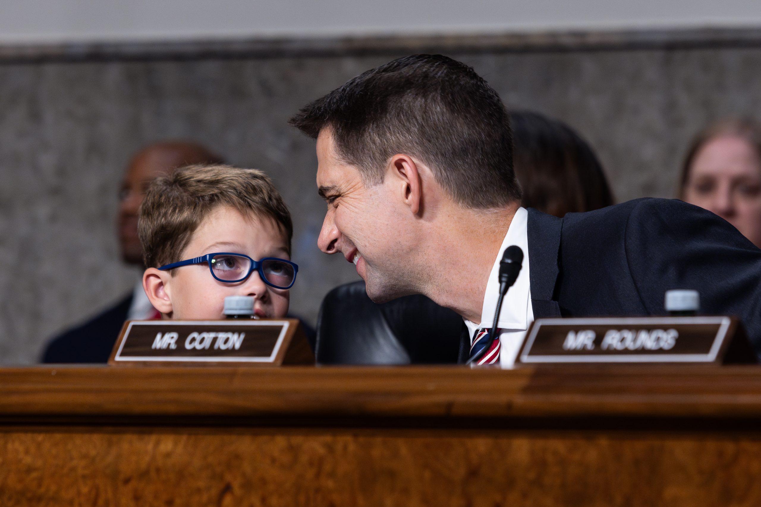Sen. Tom Cotton (R-AR) and his son, Gabriel, seen during a Senate Armed Services Committee hearing to consider the nomination of Air Force Gen. Charles Q. Brown, Jr., to be Chairman of the Joint Chiefs of Staff on Capitol Hill, Tuesday, July 11, 2023.