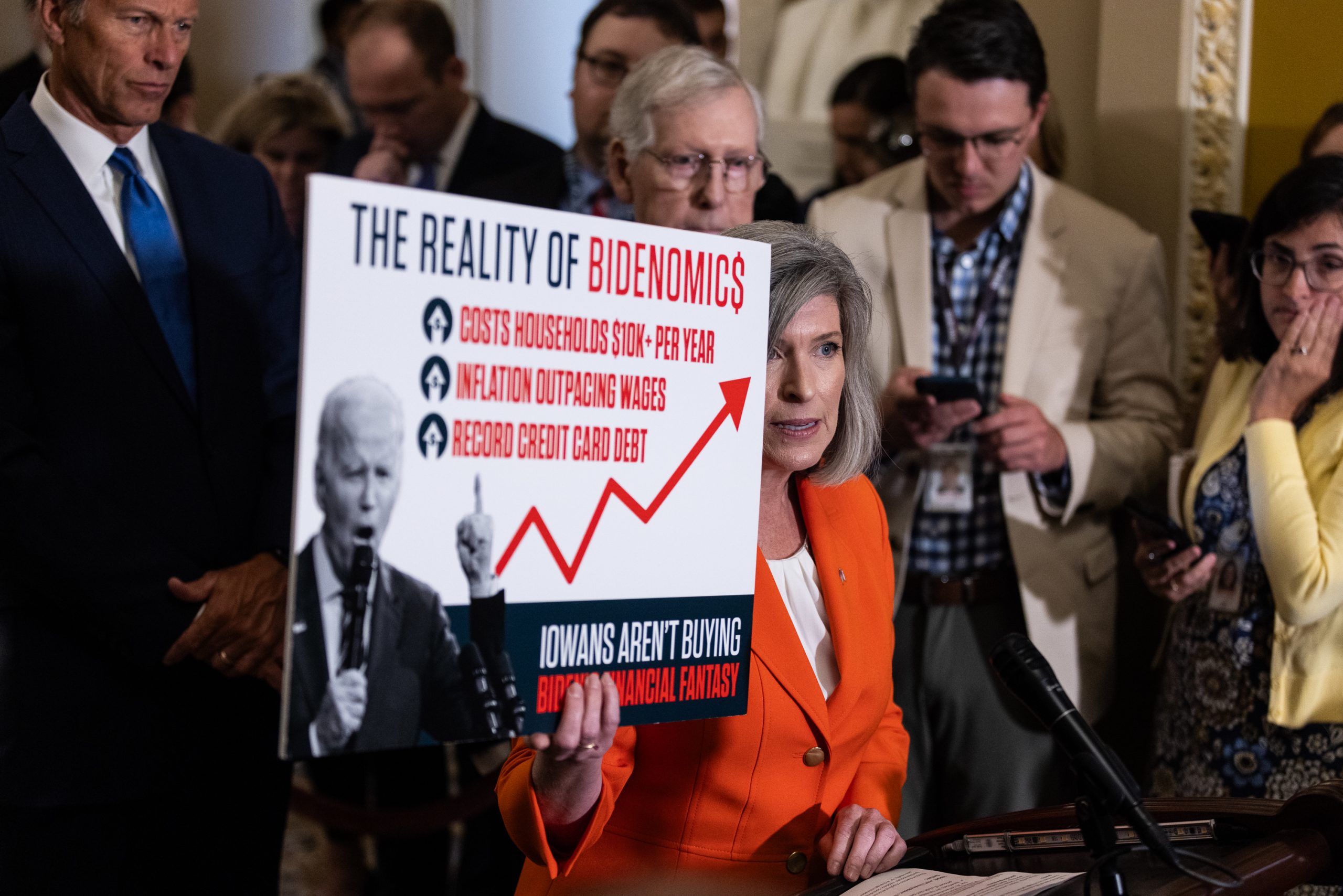 Iowa Sen. Joni Ernst speaks at a Republican press conference following the weekly luncheons on Capitol Hill, Tuesday, June 11, 2023.
