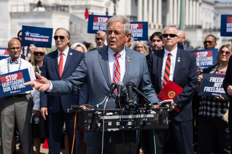 Rep. Ralph Nroman (R-VA) speaks at a news conference on the progress of the Fiscal Year Appropriation Legislation outside the U.S. Capitol Building on July 25, 2023 in Washington, DC. Members of the House Freedom Caucus held the news conference to speak about their views on government spending.