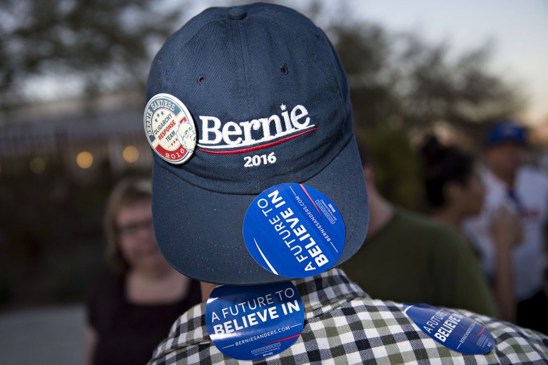 As it becomes clear that Clinton has won, many Sanders supporters are voicing their displeasure over voting for their party's nominee over Donald Trump by perverting Clinton's #ImWithHer hashtag. (Andrew Harrer/Bloomberg, File)