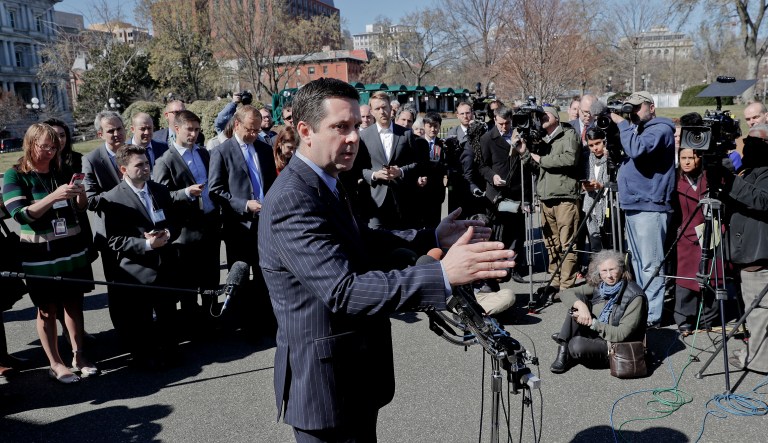 House Intelligence Committee Chairman Rep. Devin Nunes, R-Calif. speaks with reporters outside the White House. (AP Photo/Pablo Martinez Monsivais)