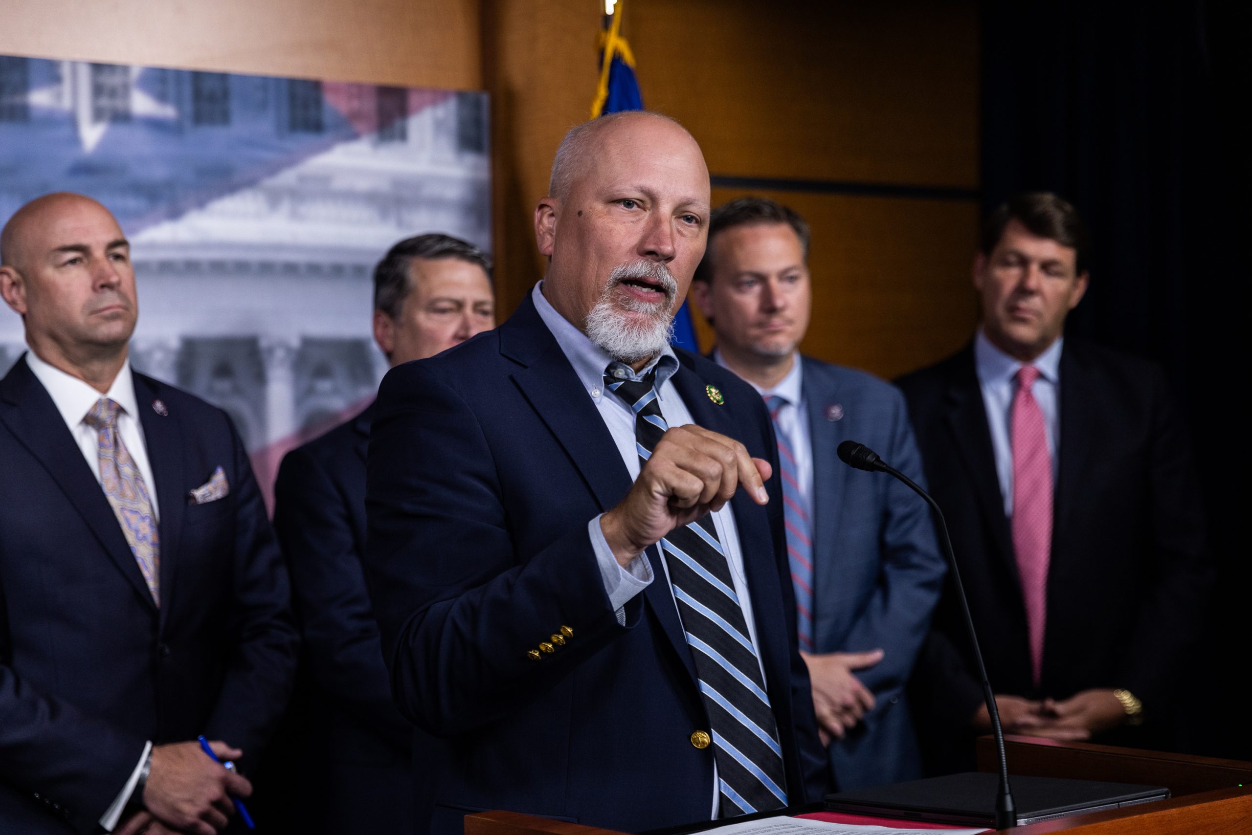 Rep. Chip Roy (R-TX) speaks at a press conference about the current situation at the US-Mexico Border. Roy, accompanied by other Texas Republicans, heavily criticized the Biden Administrations southern border policy, and accused DHS Secretary Alejandro Mayorkas of lying under oath when he claimed that the administration has the border under control. 