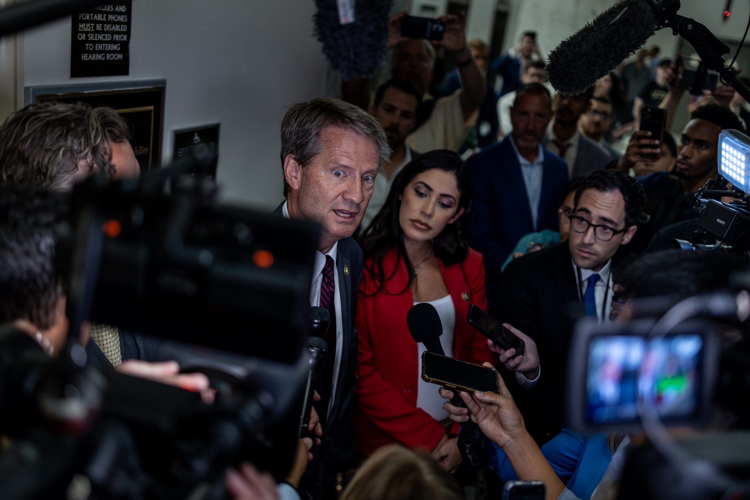 Rep. Tim Burchett (R-TN) and Rep. Anna Paulina Luna (R-FL) take questions from the media following a House Oversight and Accountability Subcommittee on UFOs, on Capitol Hill, Wednesday, July 26, 2023. Burchett criticized the Pentagon, accusing Defense Department officials of stonewalling inquiries into unidentified flying objects ahead of the hearing. 