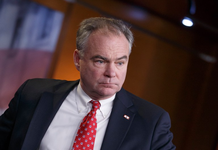 A leading voice of the anti-fossil fuel "keep it in the ground" movement, 350.org Action, said Sen. Tim Kaine has been too inconsistent in his clean energy positions. (AP Photo/J. Scott Applewhite)