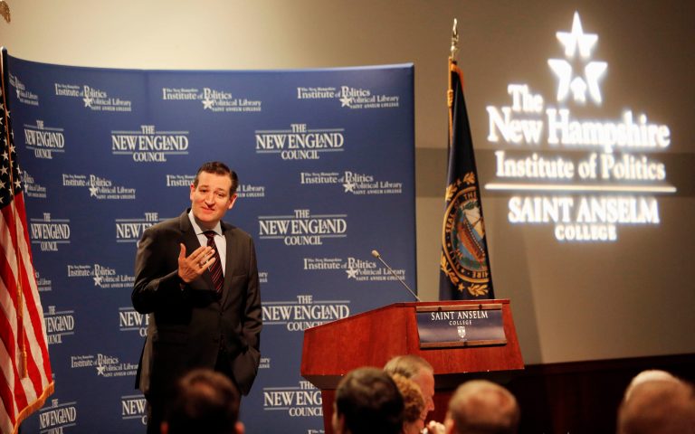 Sen. Ted Cruz, R-Texas speaks with area business leaders during a Politics and Eggs breakfast, Monday, March 16, 2015, in Manchester, N.H. (AP Photo/Jim Cole)