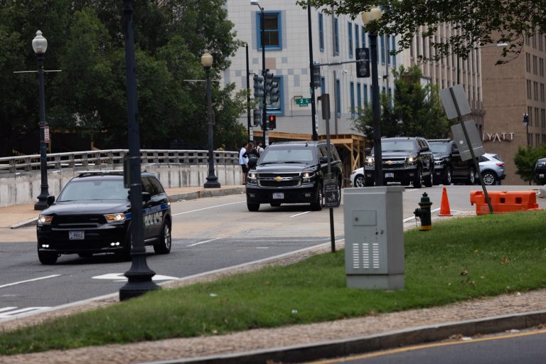 Former President Donald Trump's motorcade arrives in Washington, D.C., at the U.S. District Court on Thursday, Aug. 3, 2023. The former president was arraigned on four criminal counts related to his involvement with the Jan. 6 insurrection and alleged efforts to overturn the 2020 presidential elections. Trump pleaded not guilty to all charges.