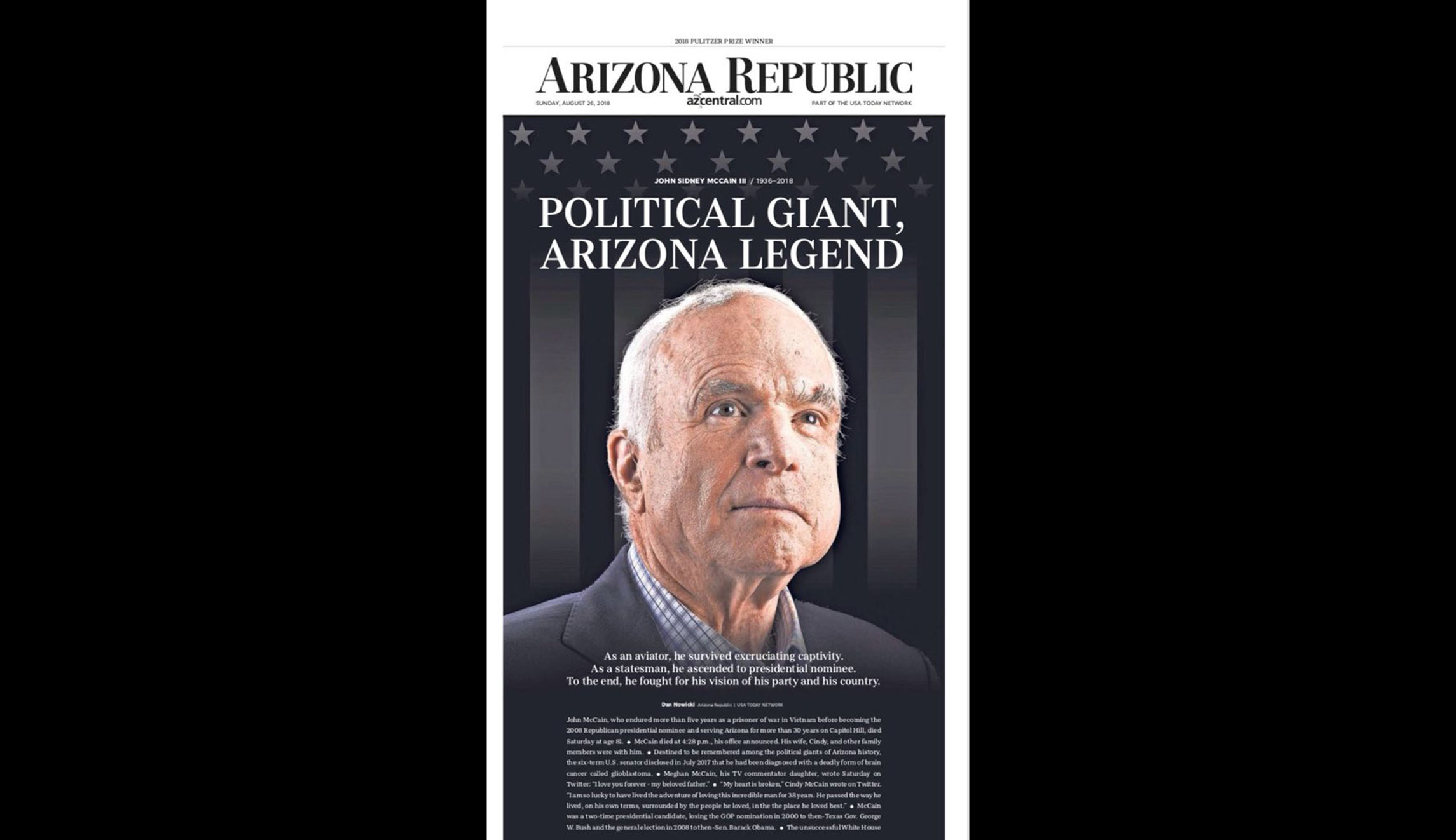Arizona’s largest newspaper publishes striking front page tribute to ‘political giant’ John McCain
