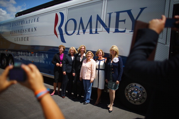 (L-R) Ellen Herzfelder, Rep. Sandy Adams (R-FL), former Lt. Governor Kerry Healey, Rep. Ileana Ros-Lehtinen (R-FL), Sharon Kingman and RNC Co-Chair Sharon Day pose for pictures before getting on the bus during the Women for Mitt kick-off of a 