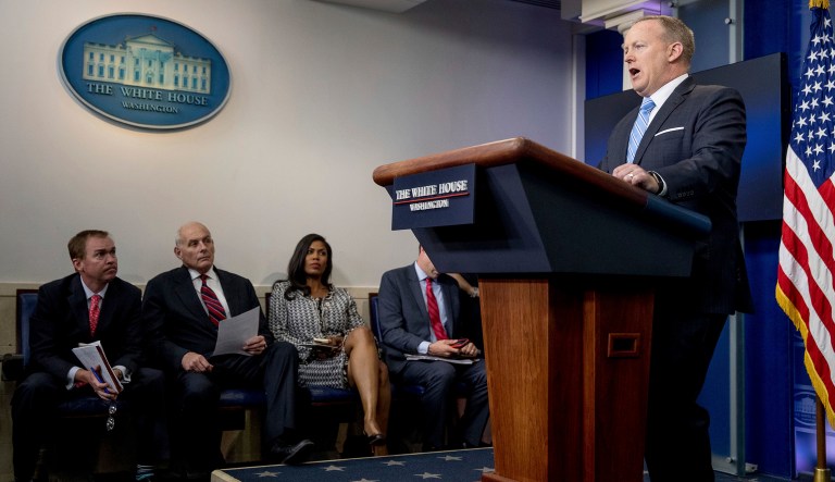 White House press secretary Sean Spicer introduced DHS Secretary John Kelly and OMB Director Mick Mulvaney to the podium but left without taking any questions. (AP Photo/Andrew Harnik)