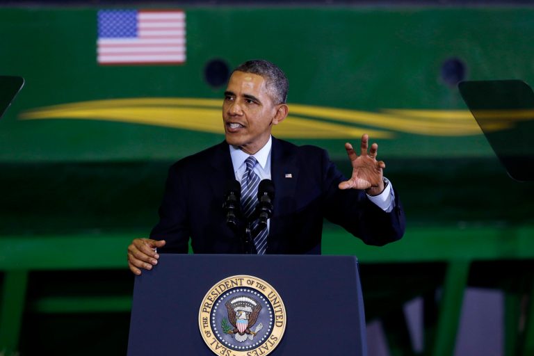 President Barack Obama speaks at Michigan State University in East Lansing, Mich., Friday, before signing the farm bill. (AP Photo/Carlos Osorio)