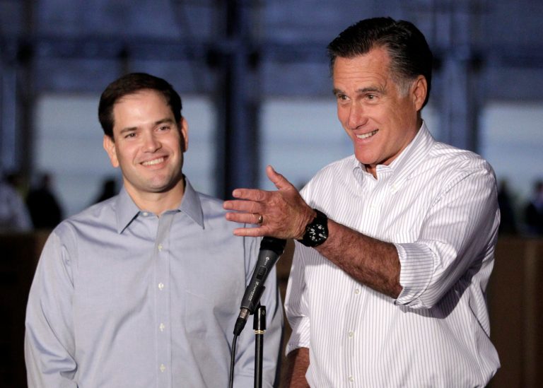   FILE - In htis April 23, 2012, file photo Republican presidential candidate, former Massachusetts Gov. Mitt Romney, campaigning with Sen. Marco Rubio, R-Fla., talks to reporters in Aston, Pa. When Republican presidential candidate Mitt Romney picks his running mate, odds are heâll select someone with far less wealth than his own. Unless he chooses Hewlett-Packard CEO Meg Whitman, one of the richest women in America. Some of the potential Republican vice presidential nominees are grappling with the same financial issues as many of their countrymen. (AP Photo/Jae C. Hong, File)  