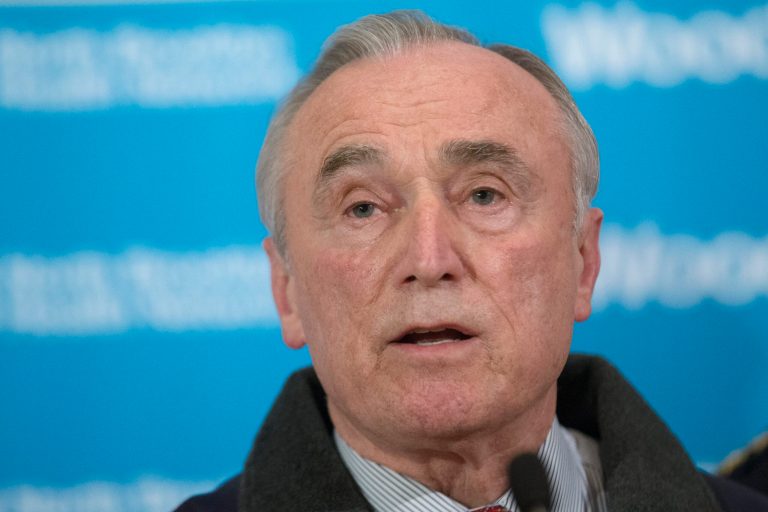 NYPD Commissioner Bill Bratton speaks during a news conference at Woodhull Medical Center, Saturday in New York. (AP/John Minchillo)