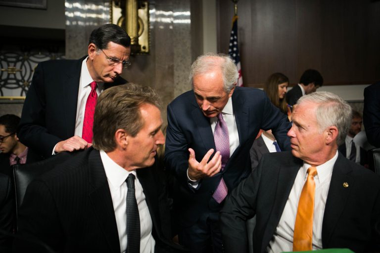 From left: Senator John Barrasso, R-WY, Senator Jeff Flake, R-AZ, Senate Foreign Relations Committee Chairman Bob Corker, R-TN, and Senator Ron Johnson, R-WI, speaks among themselves at the beginning of a Senate Foreign Relations Committee hearing Thursday, July 23. 2015. (Graeme Jennings/Washington Examiner)