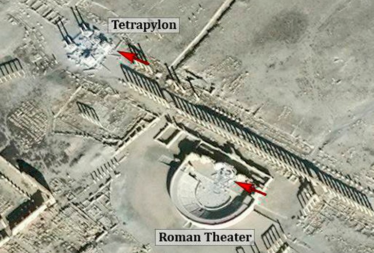 This satellite image released Friday, Jan. 20 shows the Roman theater at the UNESCO World Heritage Site of Palmyra, Syria with red denoting area of new damage. (ASOR/ DigitalGlobe via AP)