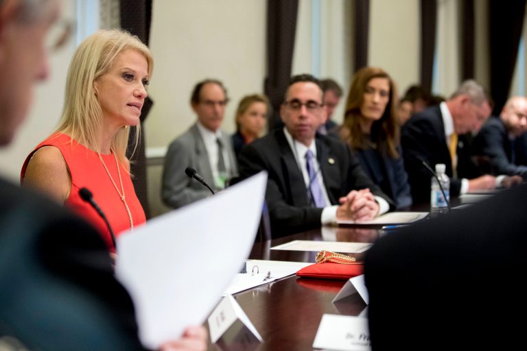 White House counselor Kellyanne Conway, left, speaks as acting director of the National Drug Control Policy Richard Baum looks on during a President's Commission on Combating Drug Addiction and the Opioid Crisis meeting in Sept. 27. (AP Photo/Andrew Harnik)