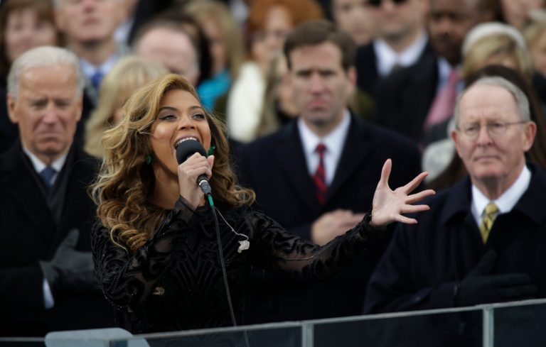 Beyonce sings the national anthem at the ceremonial swearing-in at the U.S. Capitol during the 57th Presidential Inauguration in Washington, Monday, Jan. 21, 2013. (AP Photo/Pablo Martinez Monsivais)