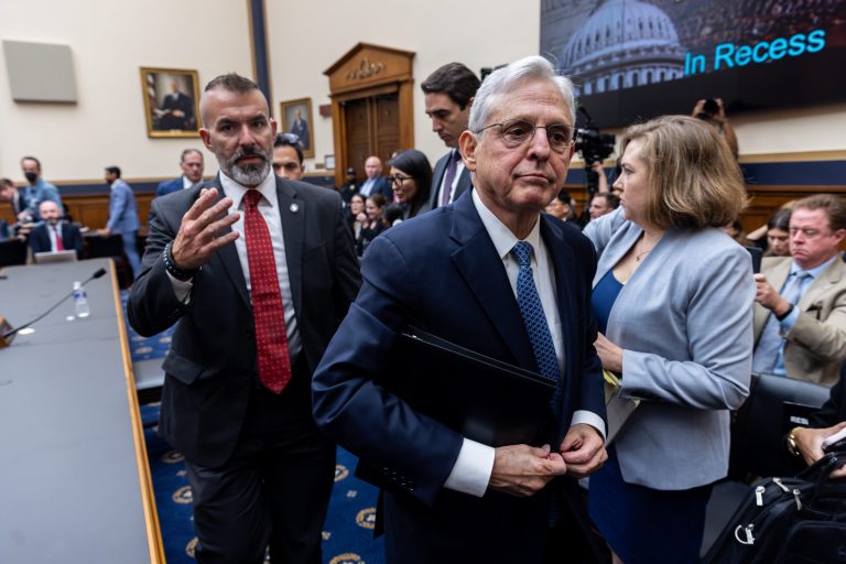 US Attorney General Merrick Garland leaves after testifying during a hearing of the House Committee on the Judiciary oversight of the US Department of Justice on Capitol Hill in Washington, DC, September 20, 2023. 