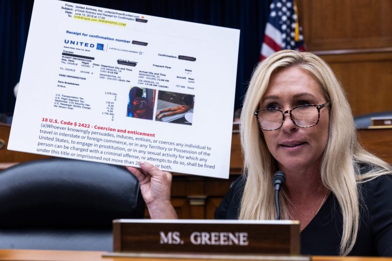 Rep. Marjorie Taylor Greene (R-Ga.) speaks during a House Oversight and Accountability Committee hearing on the basis for an impeachment inquiry into President Biden on Capitol Hill Sept. 28, 2023.