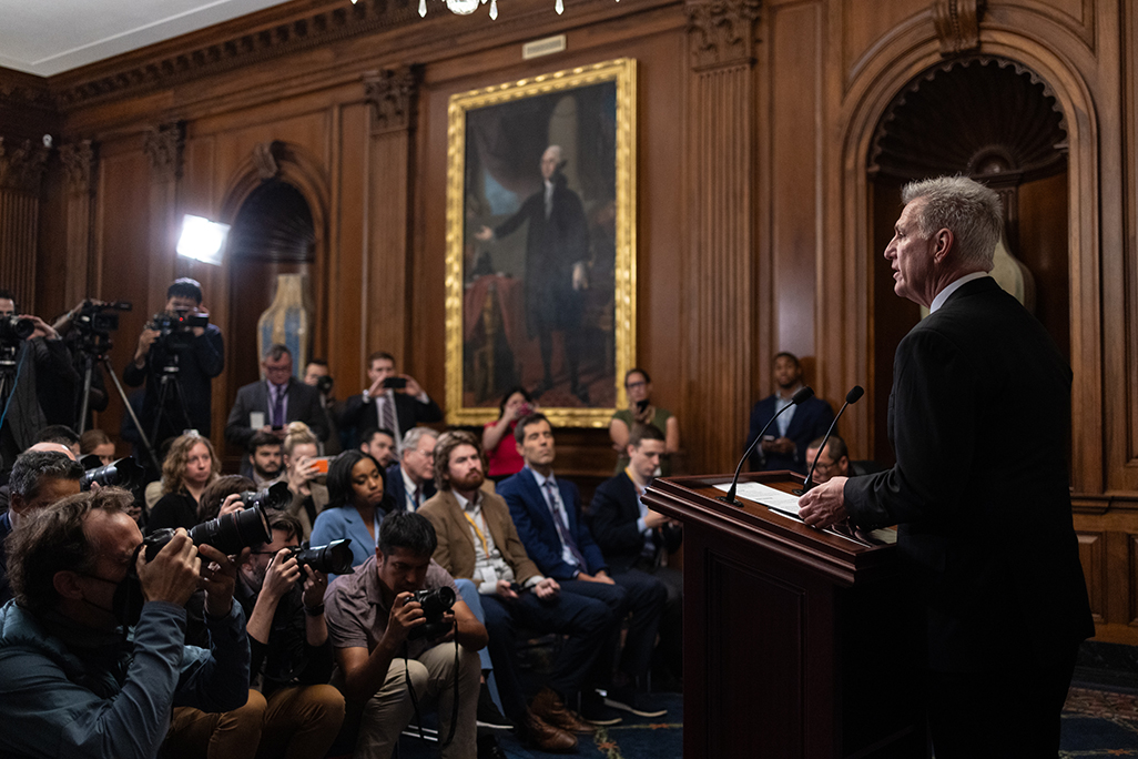 House Speaker Kevin McCarthy speaks at a news conference on Capitol Hill on Friday. McCarthy continues negotiations with House Republican hard-liners in order to avoid a federal shutdown. 