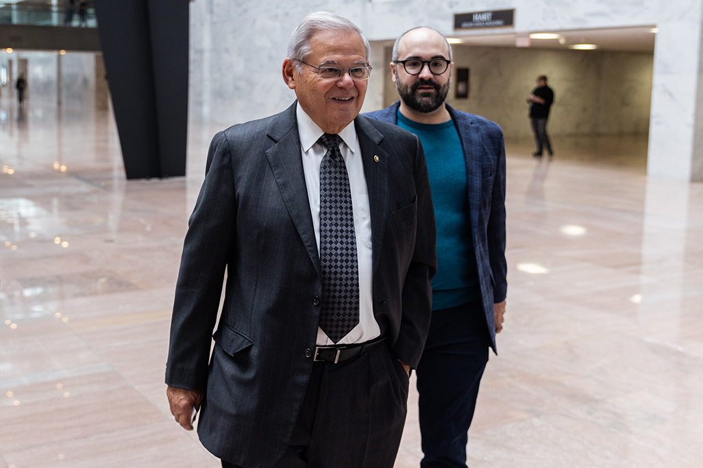 Sen. Bob Menendez (D-NJ) walks through the Hart Office Building on Capitol Hill on Sept. 29, 2023. Menendez is facing federal charges of bribery. Federal prosecutors say they found more than $480,000 in cash at Menendez's home in New Jersey, with some of it hidden in clothing and in envelopes. At a private luncheon on Thursday, Melendez told his Democratic colleagues that he does not intend to resign.