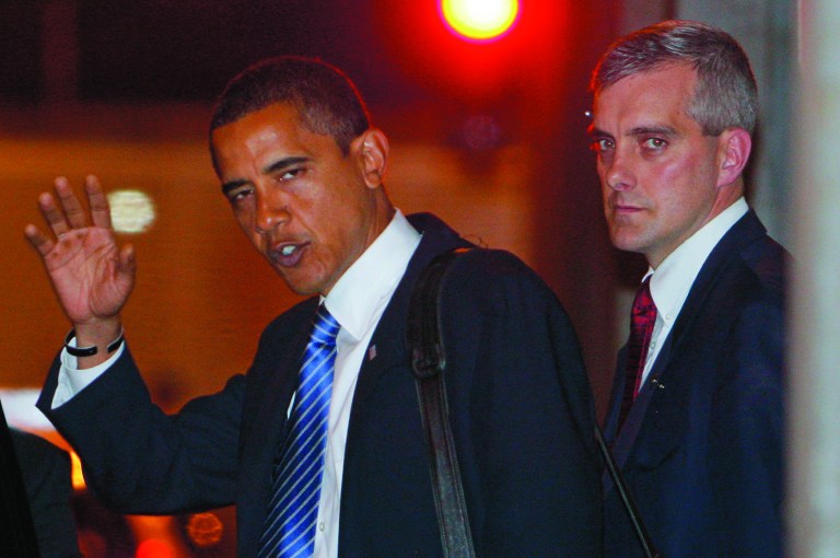 FILE - This Nov. 6, 2008 file photo shows then-President-elect Obama, accompanied by foreign policy adviser Denis McDonough leaving a meeting in Chicago. The White House says President Barack Obama has picked top national security aide Denis McDonough as his next chief of staff. (AP Photo/Charles Dharapak, File)