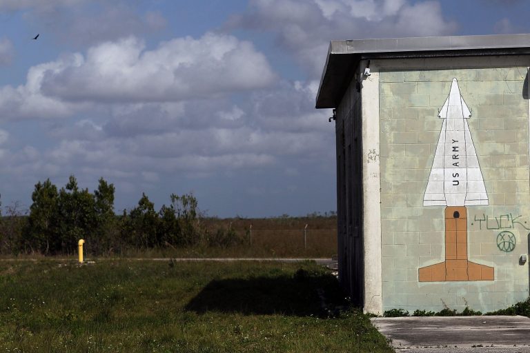EVERGLADES CITY, FL - APRIL 08:  A rocket is seen painted on the wall of a building that was used to support the launching of conventional and nuclear tipped Nike missiles in reaction to any Russian attack in the Everglades National Park on April 8, 2010 near Everglades City, Florida. As U.S. President Barack Obama and President Dmitri A. Medvedev of Russia sign their nuclear arms control treaty today, relics like this former missile site are a reminder of how far the relationship between the United States and Russia has come. The missile base was built by the United States Army Corps of Engineers in 1963 at the height of the Cold War and was finally closed in 1979. Former workers whom the park service has interviewed say the site contained nuclear tip warheads that were ready to be fired if needed.  (Photo by Joe Raedle/Getty Images)