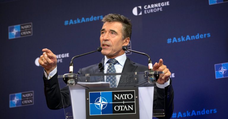 NATO Secretary General Anders Fogh Rasmussen speaks during a Carnegie Europe think tank event at the Bibliotheque Solvay in Brussels on Monday, Sept. 15, 2014. In a farewell speech as NATO's top civilian official, Rasmussen said the alliance finds itself on the front lines of a geopolitical division between 