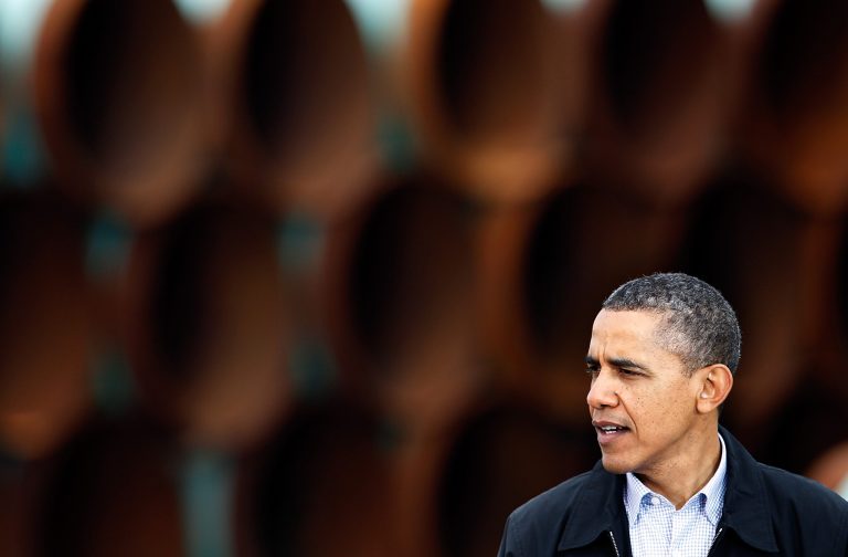 President Barack Obama speaks at the southern site of the Keystone XL pipeline on March 22, 2012 in Cushing, Oklahoma. Obama is pressing federal agencies to expedite the section of the Keystone XL pipeline between Oklahoma and the Gulf Coast. (Photo by Tom Pennington/Getty images)