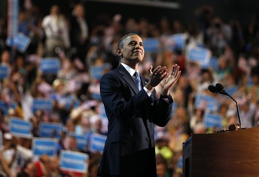President Barack Obama takes the stage at the Democratic National Convention in Charlotte, N.C., on Thursday, Sept. 6, 2012. (AP Photo/Jae C. Hong)