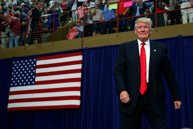 Republican presidential candidate Donald Trump asked parents at a campaign rally Monday night how they would explain his Democratic opponent's attacks to their children. (AP Photo/Evan Vucci)
