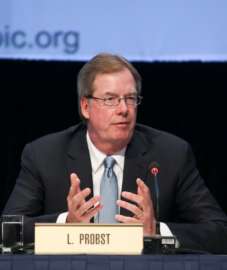   FILE - In this May 24, 2012, file phot, United States Olympic Committee President Larry Probst discusses with the media an agreement between the IOC and the USOC at the SportAccord conference in Quebec City. Probst, also the chairman at Electronic Arts, has been elected to a second term. He took over for Peter Ueberroth in 2008 during a period of turmoil for the USOC. (AP Photo/The Canadian Press, Francis Vachon, File)  