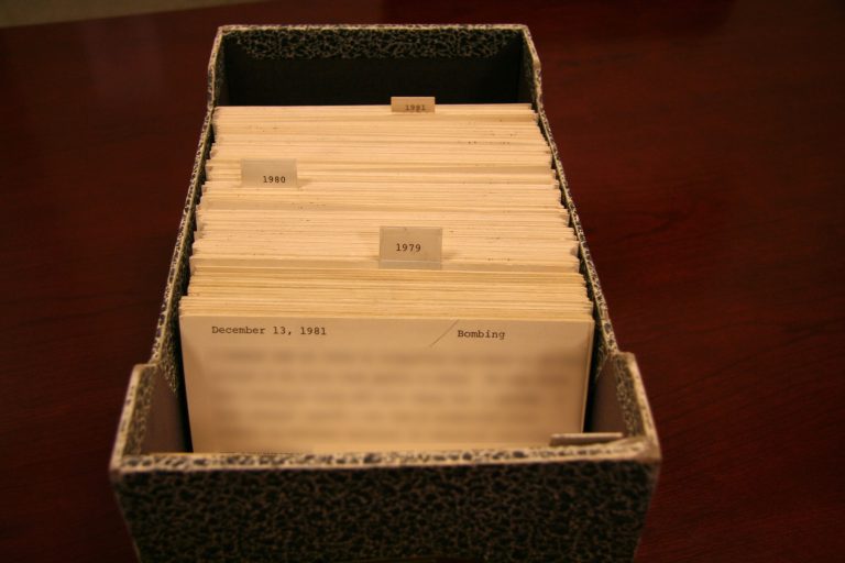 This undated handout photo provided by the National Counterterrorism Center (NCTC) shows the a box a redacted files with names of suspected terrorists. Decades ago, names of suspected terrorists were kept in a rolodex and in notebooks, according to redacted government photographs. The Associated Press has learned that a U.S. government database of known or suspected terrorists doubled in size in recent years. The National Counterterrorism Center says there were 1.1 million people in the database at the end of 2013. Of those, 25,000 are U.S. citizens or legal permanent residents. There were about 550,000 people in the database in March 2010. The Terrorist Identities Datamart Environment, called 