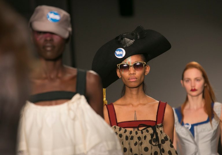 A model wears an outfit by designer Vivienne Westwood for the Spring/Summer 2015 collection during London Fashion Week, at Victoria House in central London, Sunday, Sept. 14, 2014. (Photo by Joel Ryan/Invision/AP)