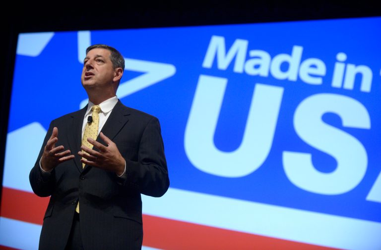 FILE - In this Aug. 22, 2013 file photo, Wal-Mart U.S. President and CEO Bill Simon addresses attendees of the Wal-Mart U.S. Manufacturing Summit in Orlando, Fla. Wal-Mart on Thursday, July 24, 2014 announced it is replacing Simon with Wal-Mart Asia CEO Greg Foran in what could be an indication that the company is losing confidence that its largest business unit will rebound after more than a year of disappointing results. (AP Photo/Phelan M. Ebenhack, File)