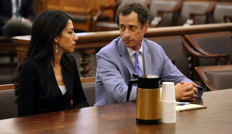 Anthony Weiner and Huma Abedin appear in court in New York on Wednesday, Sept. 13, 2017. The couple asked a New York City judge to ask for privacy in their divorce case. (Jefferson Siegel/The Daily News via AP, Pool)