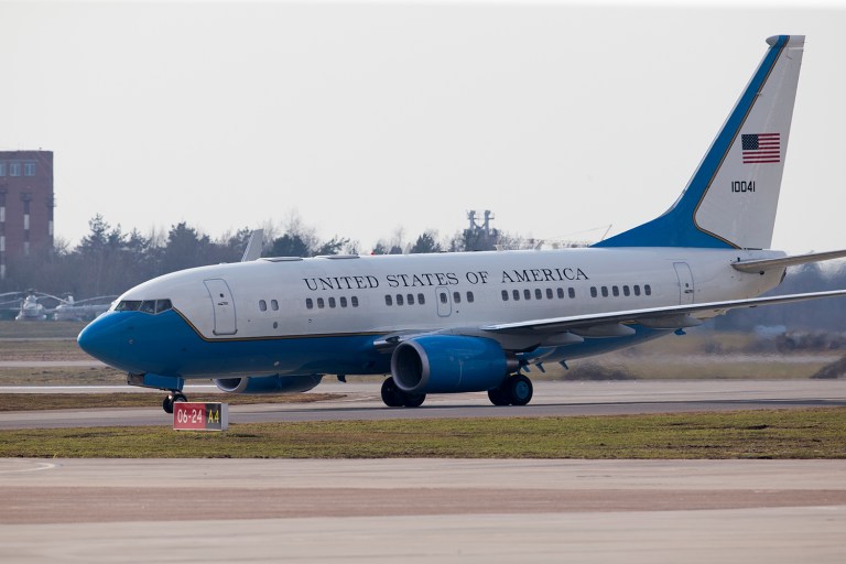 The plane carrying US Secretary of State Rex Tillerson lands at Moscow's Vnukovo airport, Russia, Tuesday, April 11, 2017. Tillerson is due to meet with Russian Foreign Minister Sergey Lavrov on Wednesday. (AP Photo/ Ivan Sekretarev)
