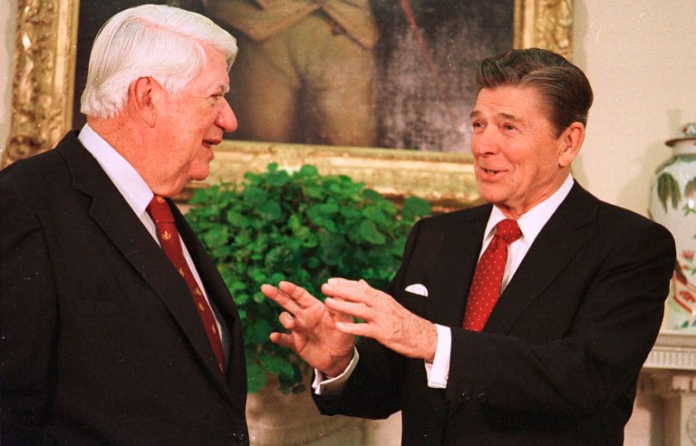 Former President Ronald Reagan, right, talks with House Speaker Thomas 