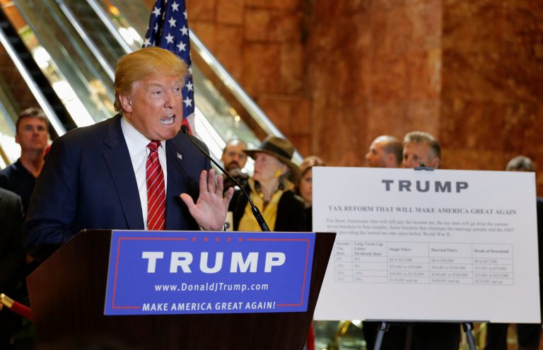 Republican presidential candidate Donald Trump talks about his tax plan during a news conference, Monday, Sept. 28, 2015, in New York.(AP Photo/Julie Jacobson)