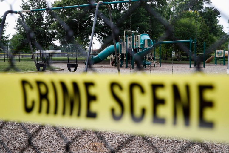 A playground near the baseball field is cordoned off with police tape as the investigation continue at the scene in Alexandria, Va., Thursday, June 15, 2017, the day after House Majority Whip Steve Scalise of La. was shot during during a congressional baseball practice. (AP Photo/Jacquelyn Martin)