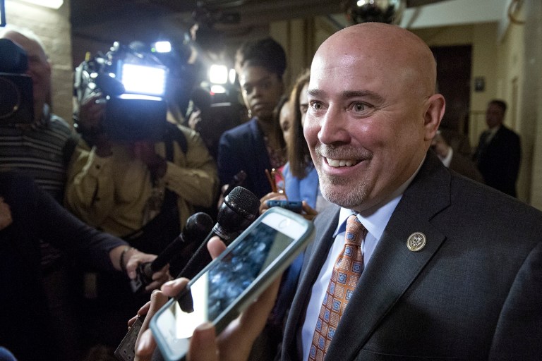 Rep. Tom MacArthur, R-N.J. speaks with reporters on Capitol Hill in Washington, Tuesday, May 2, 2017, following the Republican Caucus meeting. (AP Photo/Cliff Owen)
