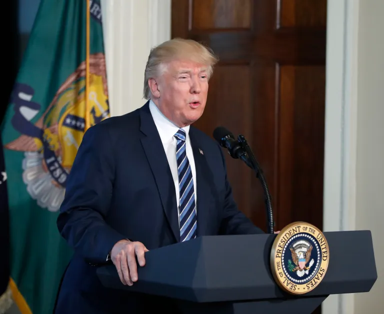 President Donald Trump speaks at the Treasury Department in Washington, Friday, April 21, 2017. Hoping to improve economic growth, the Trump administration embarked on new efforts to study and possibly dismantle some of the tax and financial regulations established by former President Barack Obama. (AP Photo/Alex Brandon)