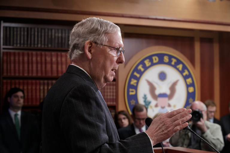 Senate Majority Leader Mitch McConnell, R-Ky., talks to reporters before the vote to confirm President Donald Trump's Supreme Court nominee Neil Gorsuch, on Capitol Hill in Washington, Friday, April 7, 2017. The Republican majority changed Senate rules to lower the vote threshold for Supreme Court nominees from 60 votes to a simple majority to counter Democratic resistance. (AP Photo/J. Scott Applewhite)