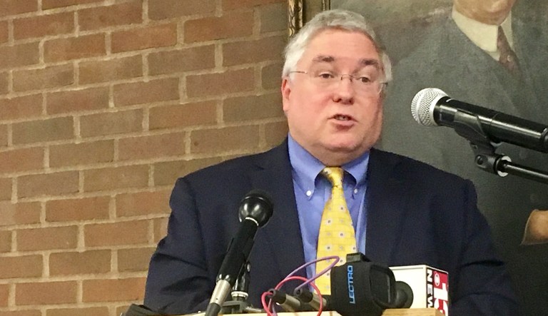 In this 2017 photo, West Virginia attorney general Patrick Morrisey speaks at a news conference at Marshall University in Huntington, W.Va. The state sued the Drug Enforcement Agency in December to force changes to the agency's cap that mandates how many opioids can be manufactured each year. However, the lawsuit was dropped after U.S. Attorney General Jeff Sessions called for changes to the yearly limit. (AP Photo/John Raby)
