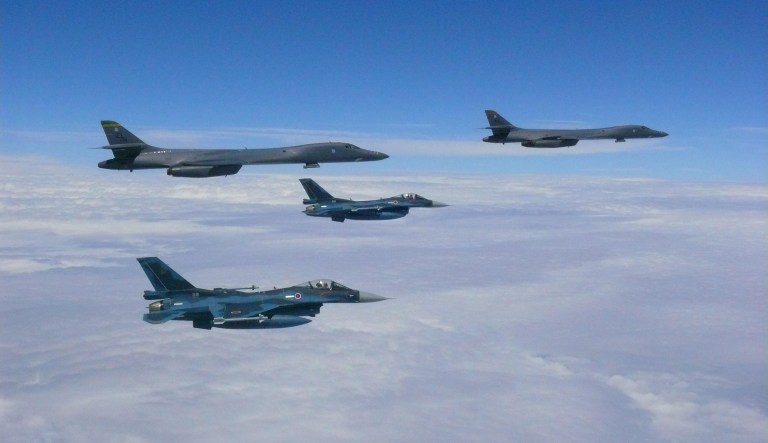 Two U.S. Air Force B-1B Lancers assigned to the 37th Expeditionary Bomb Squadron, deployed from Ellsworth Air Force Base, S.D., flew from Andersen Air Force Base, Guam, for a 10-hour mission, flying in the vicinity of Kyushu, Japan, the East China Sea, and the Korean peninsula. (Courtesy photo: Pacific Air Forces)