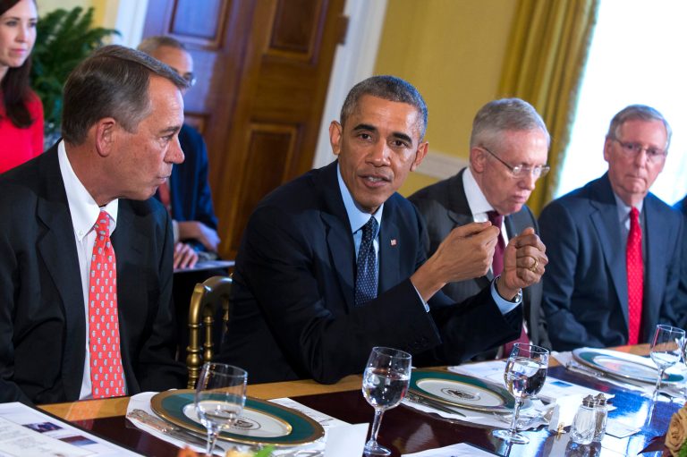 In this Nov. 7, 2014 file photo, President Barack Obama meets with Congressional leaders in the Old Family Dining Room of the White House in Washington. (AP Photo/Evan Vucci, File)